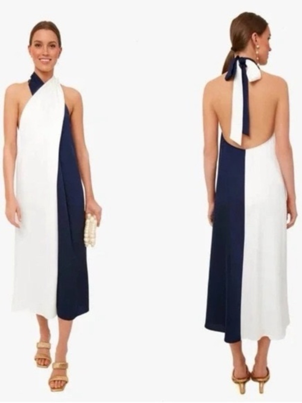 Tuckernuck Twisted Colorblock Halter Midi Dress - Navy & White Sz L